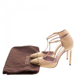 Pre Owned Gucci Light Brown Leather Coline Studded T Strap Pumps Size 35