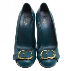 Pre Owned Gucci Green Leather Buckle Detail Round Toe Pumps Size 37