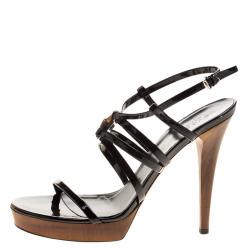 Pre Owned Gucci Black Patent Leather Bamboo Icon Platform Sandals Size 40
