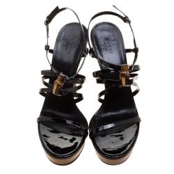 Pre Owned Gucci Black Patent Leather Bamboo Icon Platform Sandals Size 40