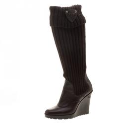 Pre Owned Gucci Brown Leather and Fabric Sock Wedge Boots Size 37