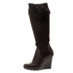 Pre Owned Gucci Brown Leather and Fabric Sock Wedge Boots Size 37