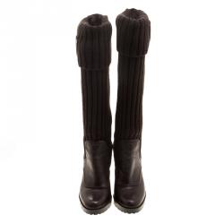 Pre Owned Gucci Brown Leather and Fabric Sock Wedge Boots Size 37