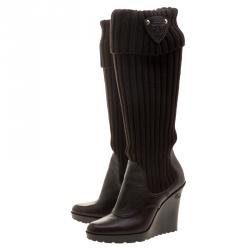 Pre Owned Gucci Brown Leather and Fabric Sock Wedge Boots Size 37