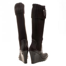Pre Owned Gucci Brown Leather and Fabric Sock Wedge Boots Size 37