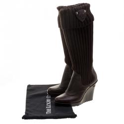 Pre Owned Gucci Brown Leather and Fabric Sock Wedge Boots Size 37