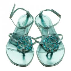 مملوكة مسبقًا Gucci Turquoise Leather GG Interlocking Crystal Ankle Strap Sandals Size 36