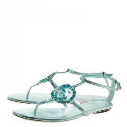 مملوكة مسبقًا Gucci Turquoise Leather GG Interlocking Crystal Ankle Strap Sandals Size 36