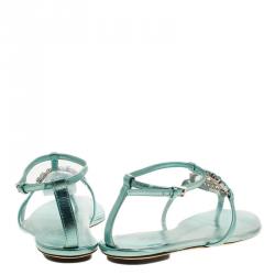 مملوكة مسبقًا Gucci Turquoise Leather GG Interlocking Crystal Ankle Strap Sandals Size 36