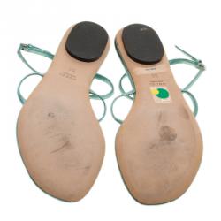 مملوكة مسبقًا Gucci Turquoise Leather GG Interlocking Crystal Ankle Strap Sandals Size 36