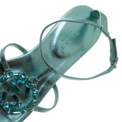 مملوكة مسبقًا Gucci Turquoise Leather GG Interlocking Crystal Ankle Strap Sandals Size 36