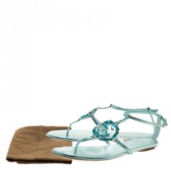 مملوكة مسبقًا Gucci Turquoise Leather GG Interlocking Crystal Ankle Strap Sandals Size 36