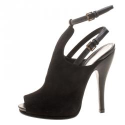 Pre Owned Gucci Black Suede Jane Peep Toe Ankle Strap Booties Size 36