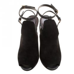 Pre Owned Gucci Black Suede Jane Peep Toe Ankle Strap Booties Size 36