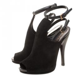 Pre Owned Gucci Black Suede Jane Peep Toe Ankle Strap Booties Size 36