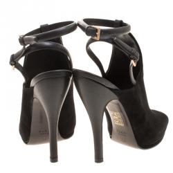 Pre Owned Gucci Black Suede Jane Peep Toe Ankle Strap Booties Size 36
