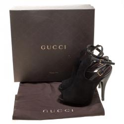 Pre Owned Gucci Black Suede Jane Peep Toe Ankle Strap Booties Size 36