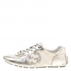 Gucci Silver/White Leather and Supreme Canvas GG Interlocking Sneakers Size 38