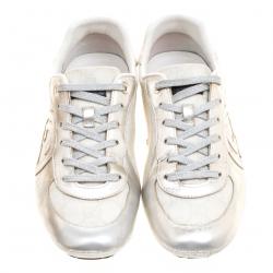 Gucci Silver/White Leather and Supreme Canvas GG Interlocking Sneakers Size 38
