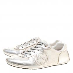 Gucci Silver/White Leather and Supreme Canvas GG Interlocking Sneakers Size 38