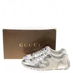 Gucci Silver/White Leather and Supreme Canvas GG Interlocking Sneakers Size 38