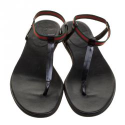 Pre Owned Gucci Black Leather Web Areia Thong Sandals Size 35