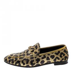 مملوكة مسبقًا Gucci Gold/Black Leopard Print Lurex Fabric Horsebit Jordaan Loafers Size 39