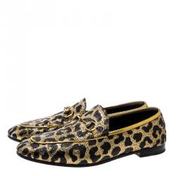 مملوكة مسبقًا Gucci Gold/Black Leopard Print Lurex Fabric Horsebit Jordaan Loafers Size 39
