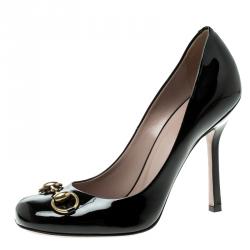 Pre Owned Gucci Black Patent Leather Jolene Horsebit Pumps Size 37