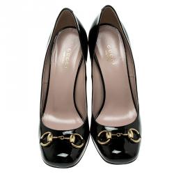 Pre Owned Gucci Black Patent Leather Jolene Horsebit Pumps Size 37