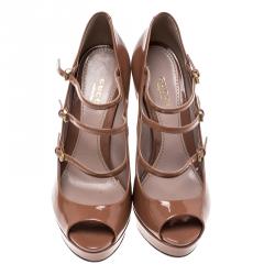 Pre Owned Gucci Brown Patent Leather Multi Strap Lisbeth Platform Pumps Size 36