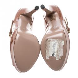 Pre Owned Gucci Brown Patent Leather Multi Strap Lisbeth Platform Pumps Size 36