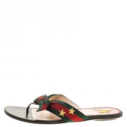 Pre Owned Gucci Green/Red Fabric Web Aline Thong Sandals Size 39