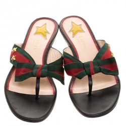 Pre Owned Gucci Green/Red Fabric Web Aline Thong Sandals Size 39