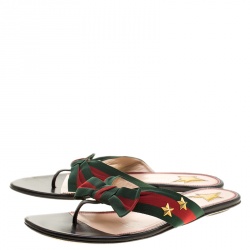Pre Owned Gucci Green/Red Fabric Web Aline Thong Sandals Size 39