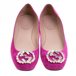 Pre Owned Gucci Pink Suede Crystal GG Ballet Flats Size 36.5