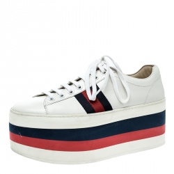 مملوكة مسبقًا Gucci White Leather Peggy Web Detail Platform Sneakers Size 37