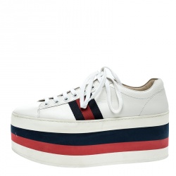 مملوكة مسبقًا Gucci White Leather Peggy Web Detail Platform Sneakers Size 37
