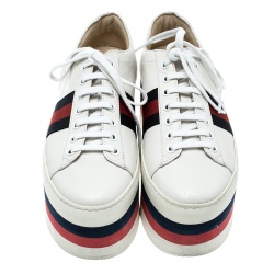 مملوكة مسبقًا Gucci White Leather Peggy Web Detail Platform Sneakers Size 37