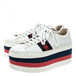 مملوكة مسبقًا Gucci White Leather Peggy Web Detail Platform Sneakers Size 37