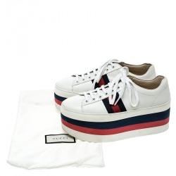 مملوكة مسبقًا Gucci White Leather Peggy Web Detail Platform Sneakers Size 37