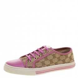 Gucci Pink Leather and Beige Guccissima Canvas Low Top Sneakers Size 39