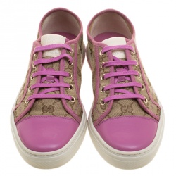 Gucci Pink Leather and Beige Guccissima Canvas Low Top Sneakers Size 39