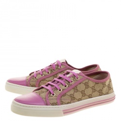 Gucci Pink Leather and Beige Guccissima Canvas Low Top Sneakers Size 39