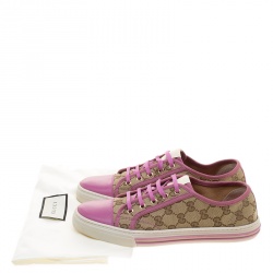 Gucci Pink Leather and Beige Guccissima Canvas Low Top Sneakers Size 39