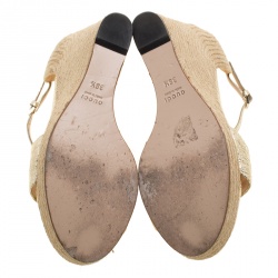 Pre Owned Gucci Gold Crackled Leather Carolina Horsebit Espadrille Wedge Sandals Size 38.5
