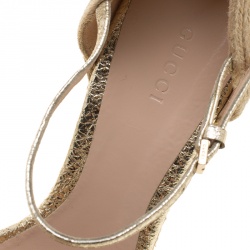 Pre Owned Gucci Gold Crackled Leather Carolina Horsebit Espadrille Wedge Sandals Size 38.5