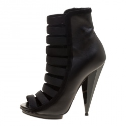 Pre Owned Gucci Black Leather Olimpia Elastic Cage Ankle Boots Size 35