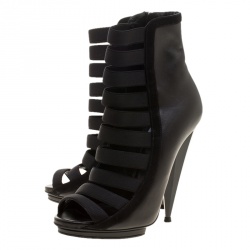 Pre Owned Gucci Black Leather Olimpia Elastic Cage Ankle Boots Size 35