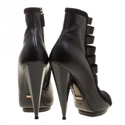 Pre Owned Gucci Black Leather Olimpia Elastic Cage Ankle Boots Size 35